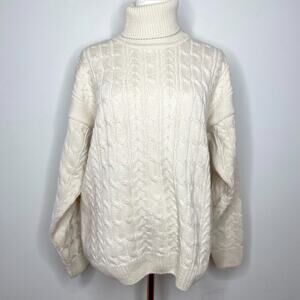 Vintage Aran Crafts Irish Wool Fisherman Turtleneck Chunky Cable Knit Sweater M